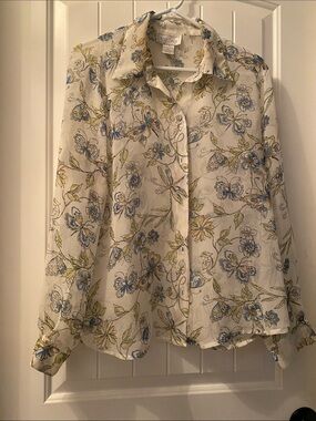 Jordan Sheer Floral Button-Up Blouse in Cream, Blue & Green